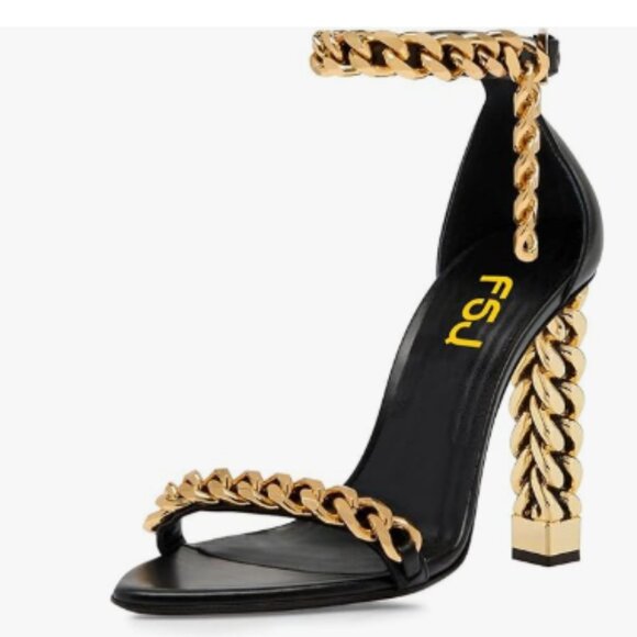 FSJ Black Golden Metal Chunky Heel Chains Decor Open Toe Ankle Strap Sandals - Picture 1 of 8